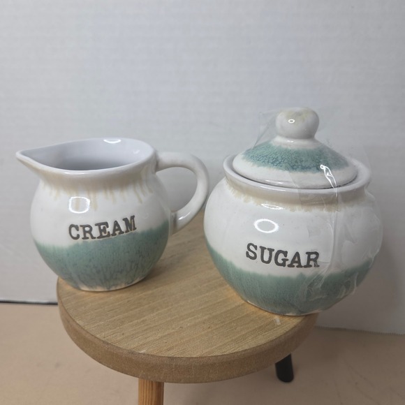 Sheffield Home Creamer & Sugar Bowl with Lid Set Seaglass Farmhouse Ceramic - Picture 1 of 8